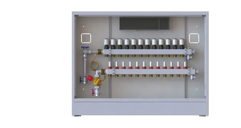 Danfoss Heizungsstation mit mehreren Ventilen und Anschlüssen, montiert auf einer grauen Rückplatte, geeignet für die Regelung von Heizkreisen.